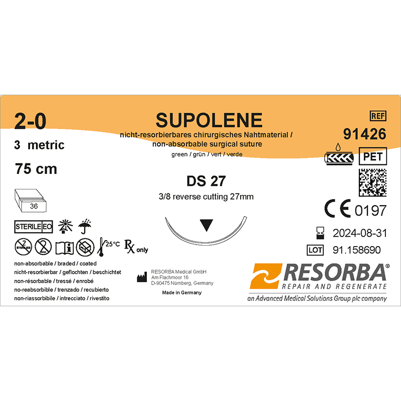 Суполен USP2-0 зелений, довжина 75см, зворотньо-ріжуча голка 27мм, 3/8 кола